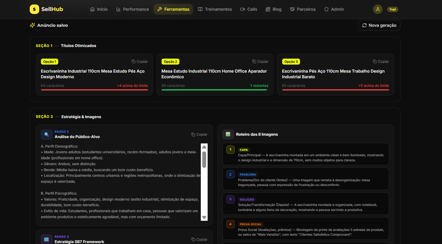 Interface do SellHub - ferramenta de geração de anúncios otimizados